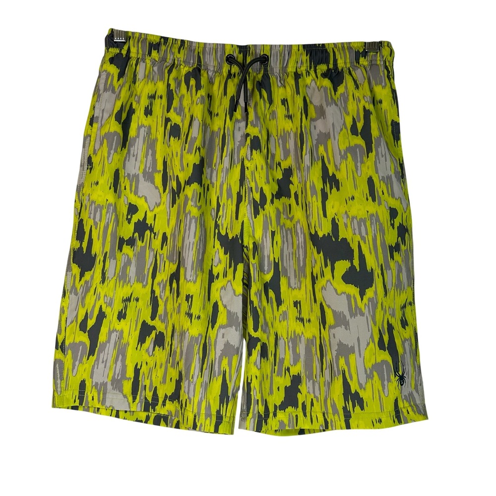 Spyder Boys Swim Shorts XL 18/20 Neon Yellow Grey Abstract Board Trunks